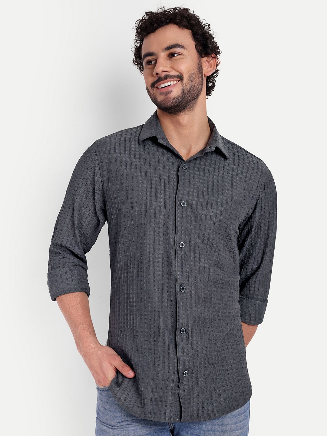 

FILO HEVIS Men Classic Micro Checks Opaque Checked Casual Shirt, Grey