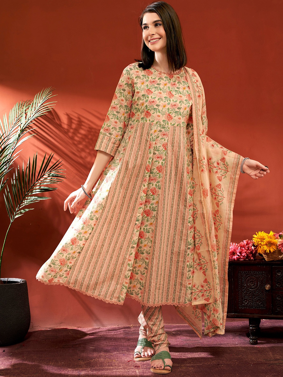 

Anouk Peach Floral Printed Panelled Pure Cotton Anarkali Kurta With Churidar & Dupatta