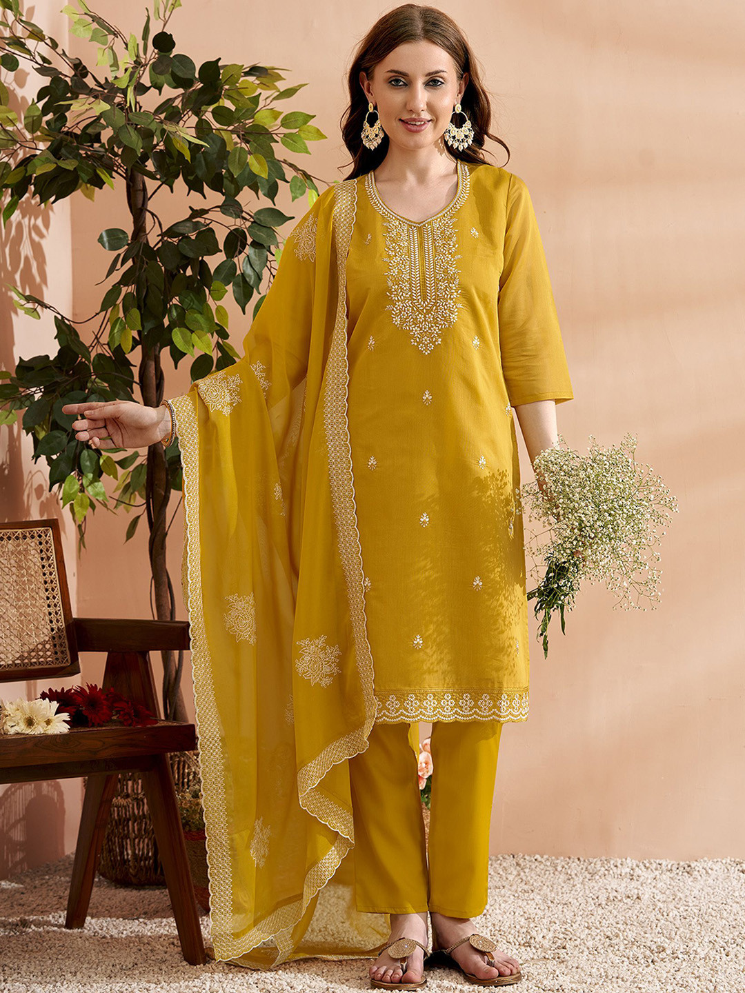 

Anouk Yellow Ethnic Motifs Embroidered Thread Work Straight Kurta With Trousers &Dupatta