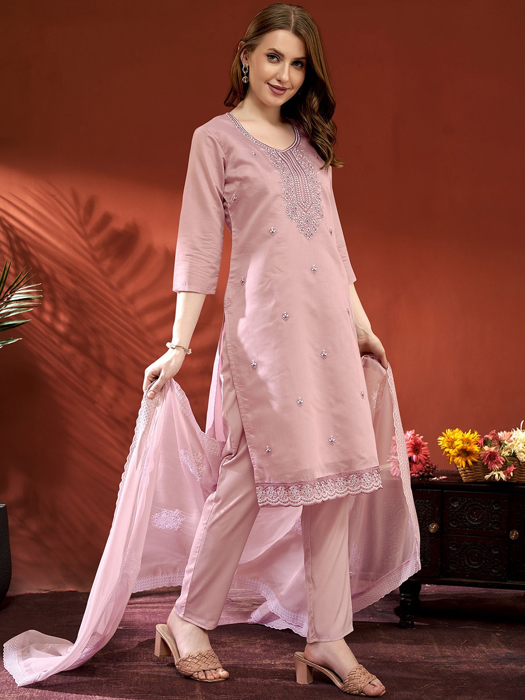 

Anouk Pink Ethnic Motifs Embroidered Thread Work Straight Kurta With Trousers &Dupatta