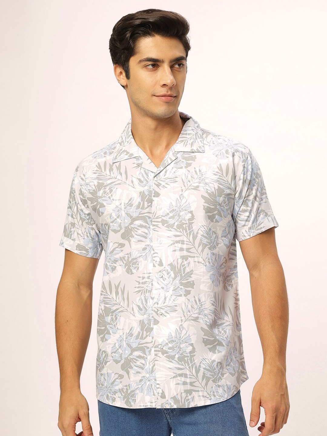 

N AND J Men Cuban Collar Floral Printed Relaxed Opaque Casual Shirt, Off white