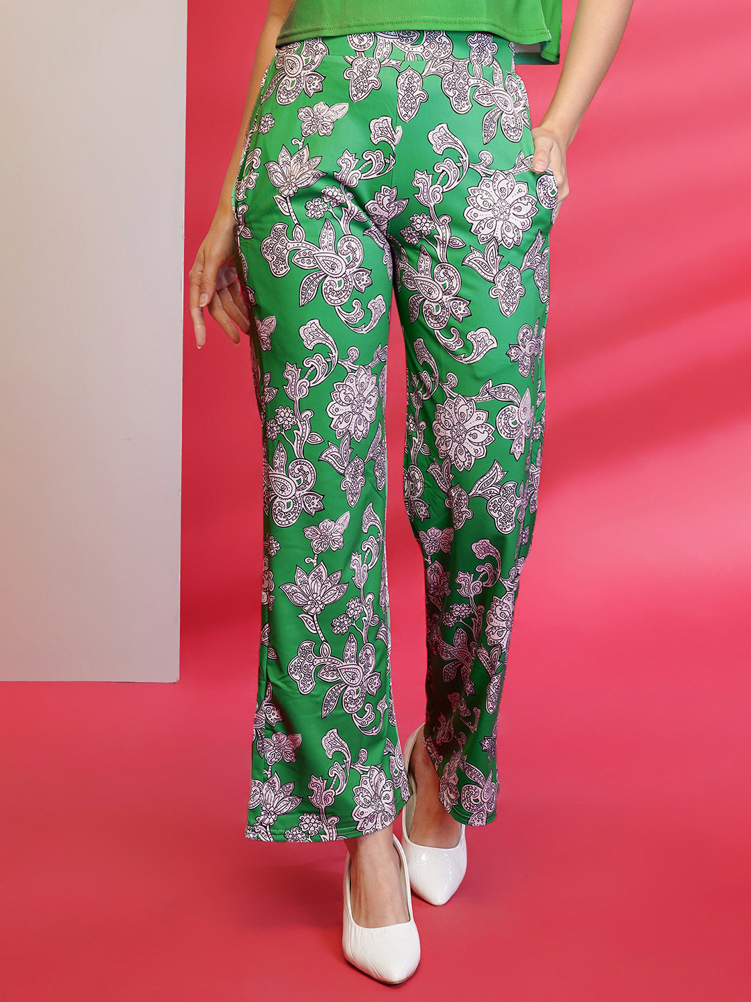 

DressBerry Classic Ethnic Motifs High-Rise Parallel Elasticated Trousers, Green