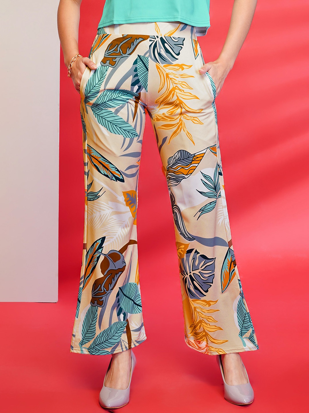 

DressBerry Classic High-Rise Elasticated Floral Parallel Trousers, Cream