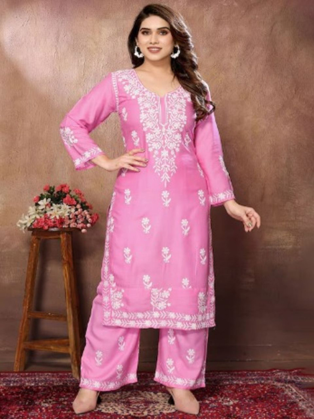 

Rujave Floral Embroidered Kurta With Palazzos, Pink