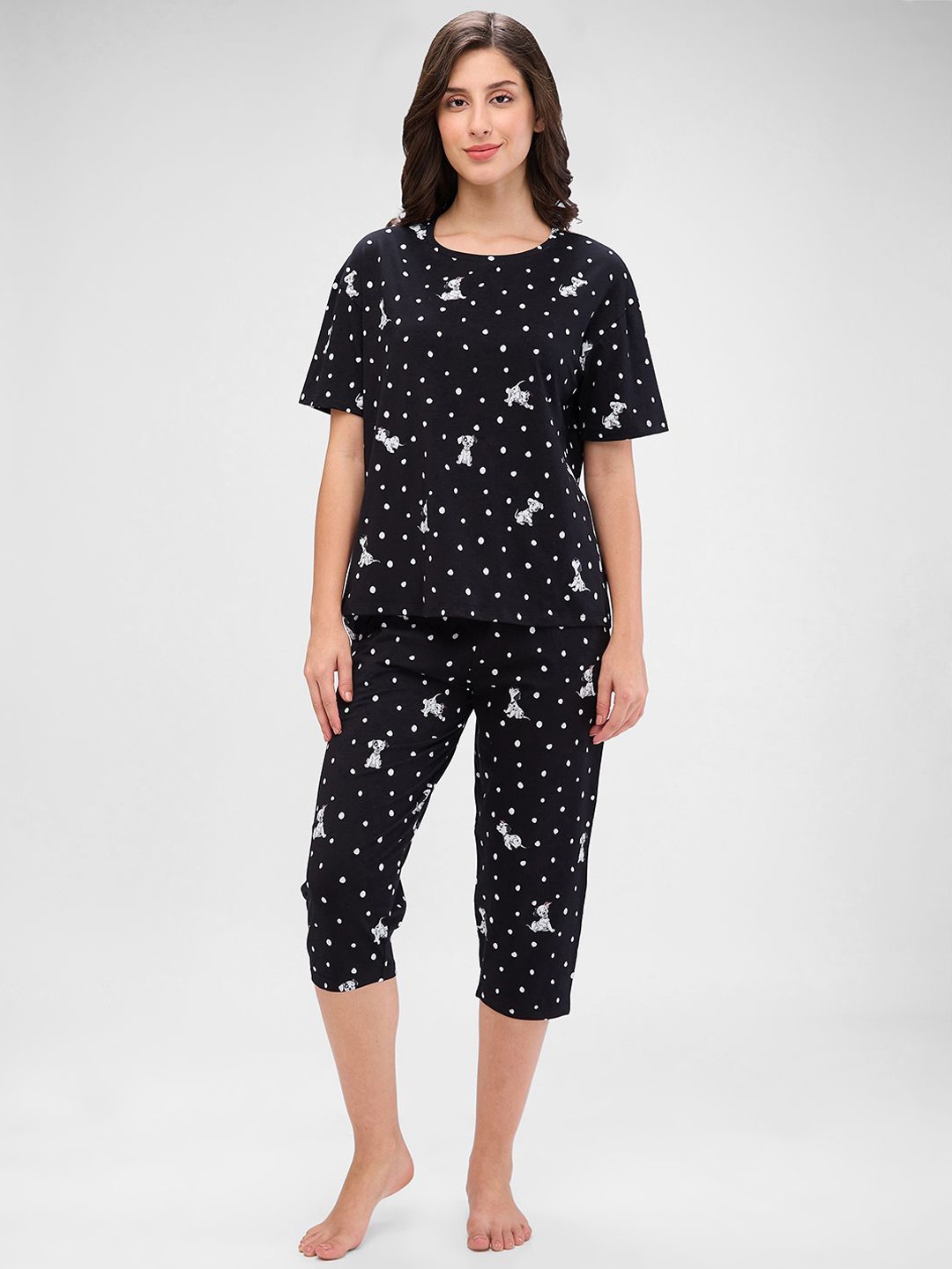 

Juliet Women Polka Dots Printed Night suit, Black