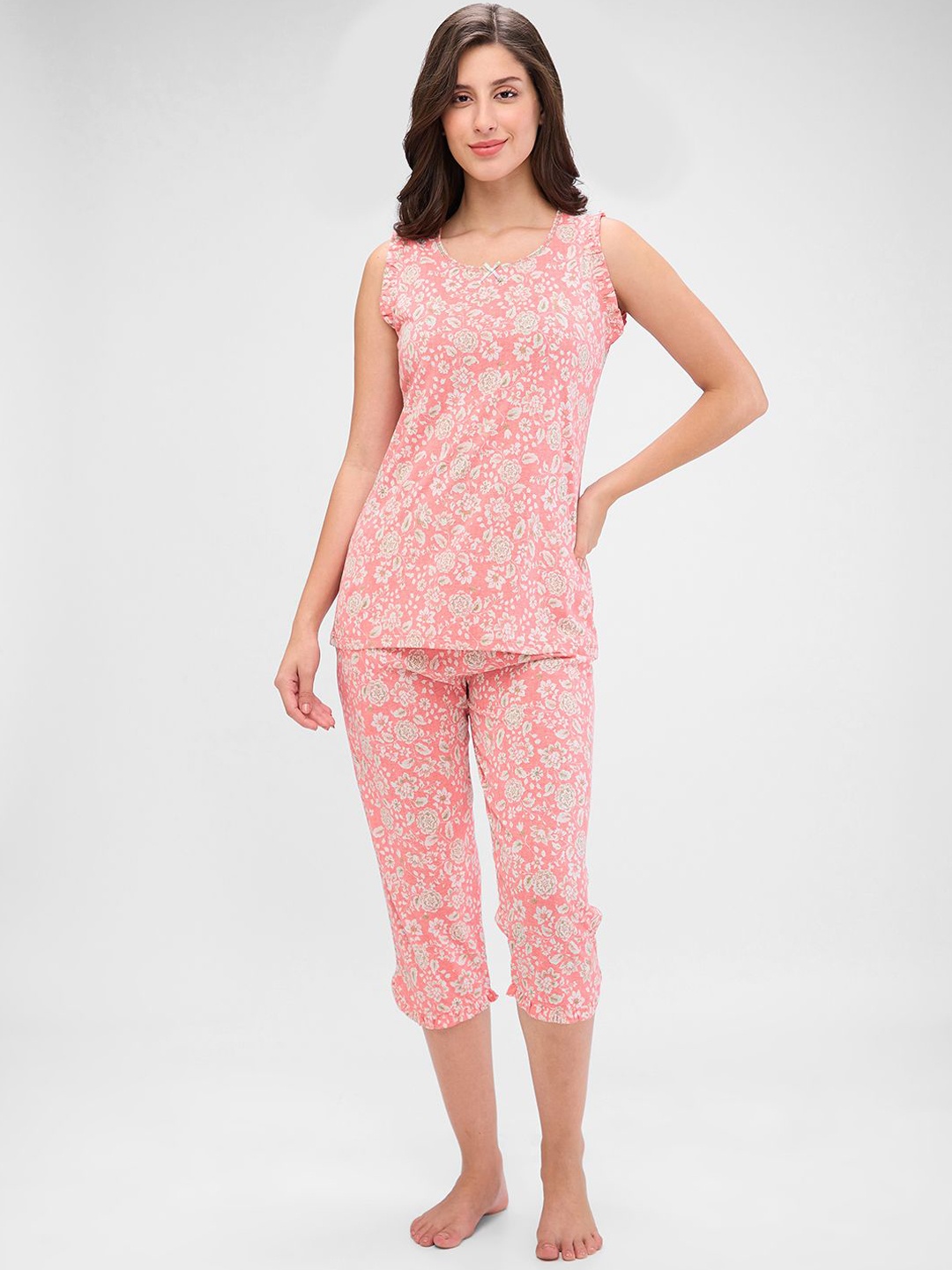

Juliet Women Pure Cotton Floral Printed Night suit, Peach