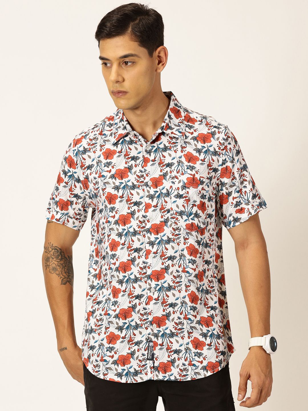 

Provogue Men Classic Slim Fit Floral Opaque Printed Casual Shirt, White