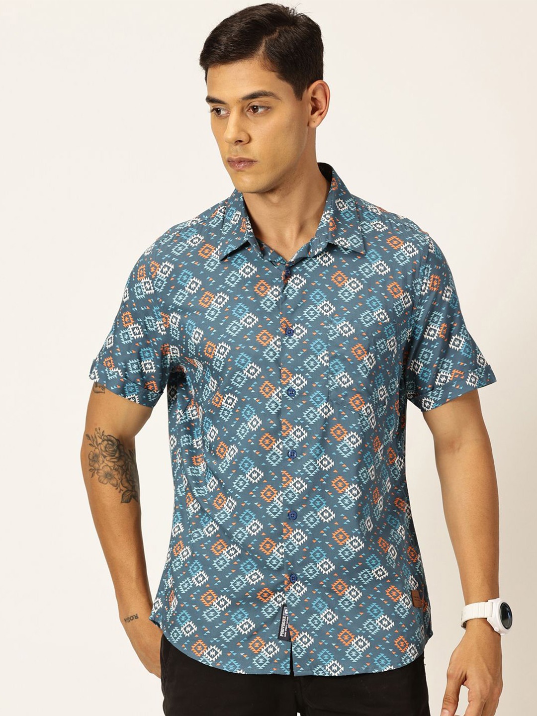 

Provogue Men Classic Slim Fit Floral Opaque Printed Casual Shirt, Blue