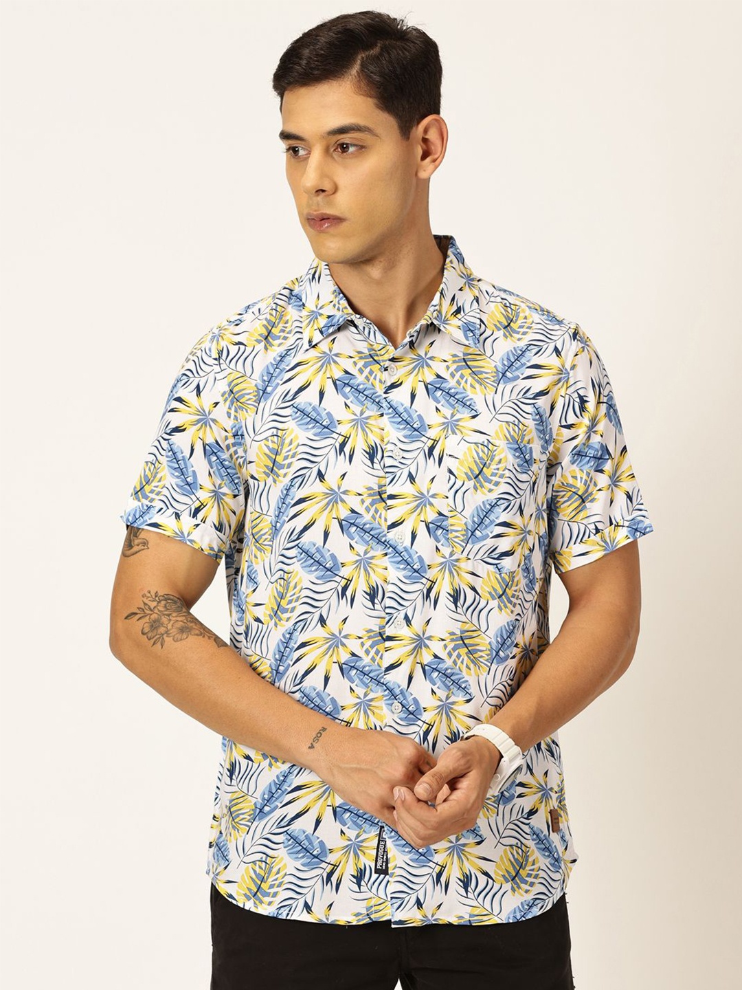 

Provogue Men Classic Slim Fit Floral Printed Casual Shirt, White