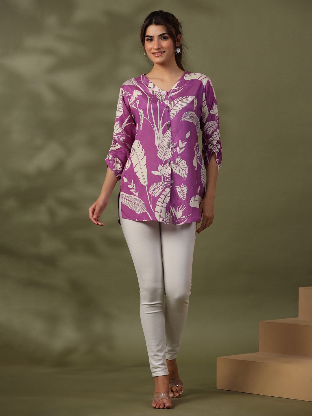 

JISORA Tropical Printed V-neck Pure Silk Top, Purple