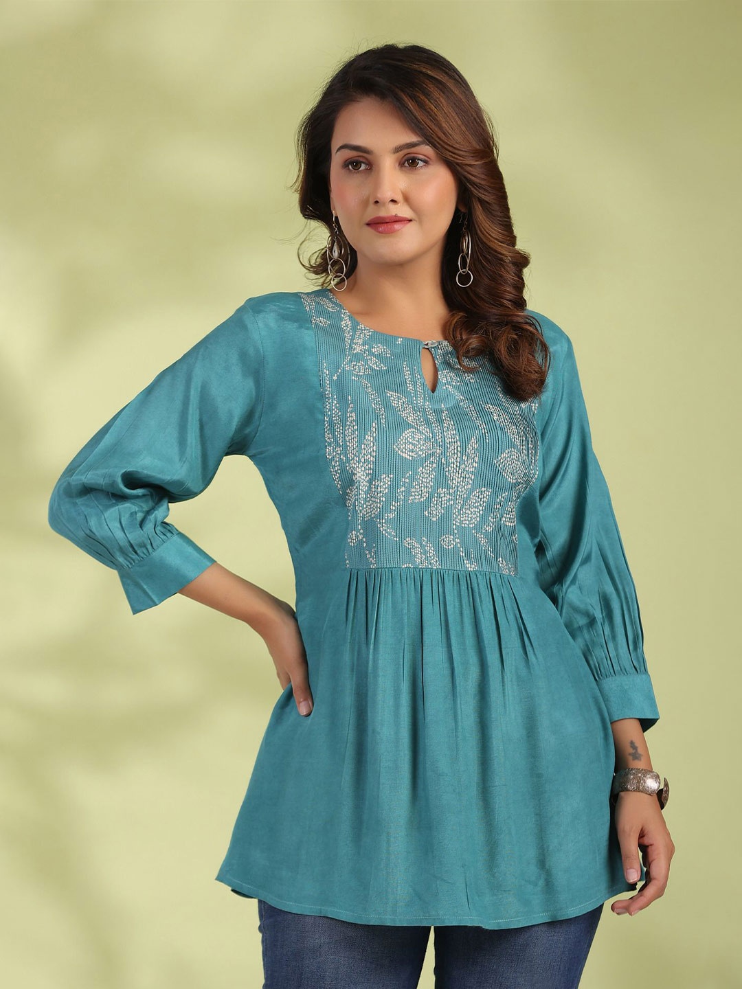

JISORA Embellished Printed Keyhole Neck A-Line Cotton Top, Blue