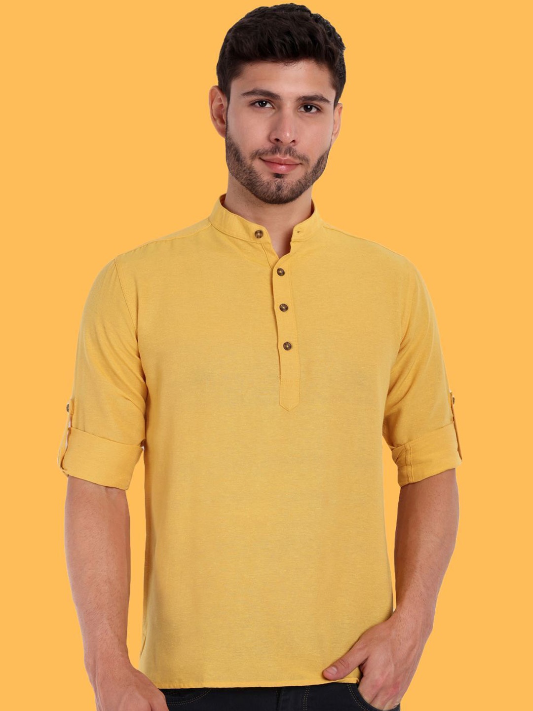 

Springberry Mandarin Collar Roll-Up Sleeves Pure Cotton Straight Short Kurta, Yellow