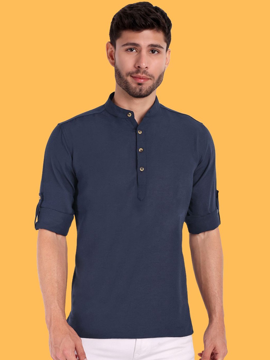 

Springberry Mandarin Collar Roll-Up Sleeves Pure Cotton Straight Short Kurta, Navy blue