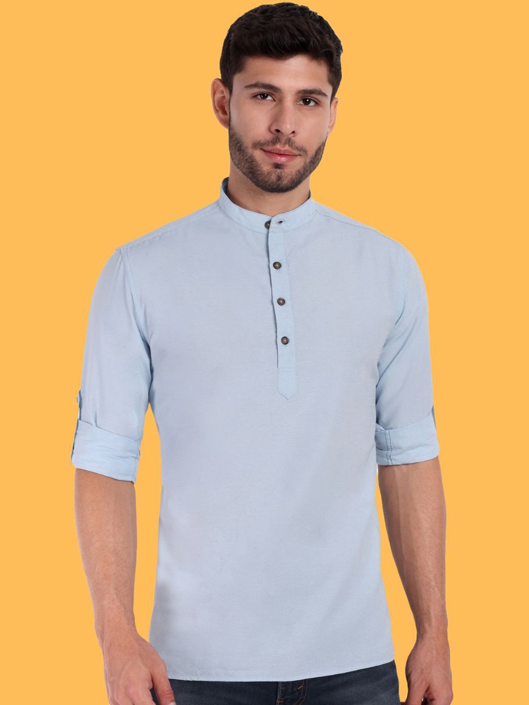 

Springberry Mandarin Collar Roll-Up Sleeves Pure Cotton Straight Short Kurta, Blue