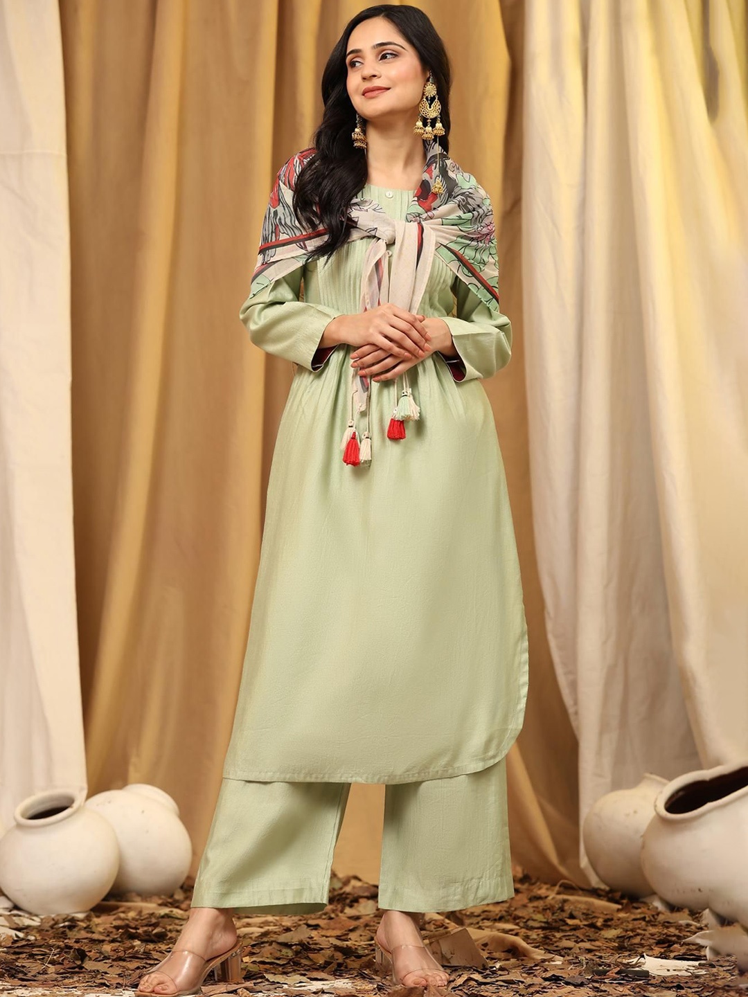 

Trendmalls Women Striped Pleated Kurti with Palazzos & With Dupatta, Green