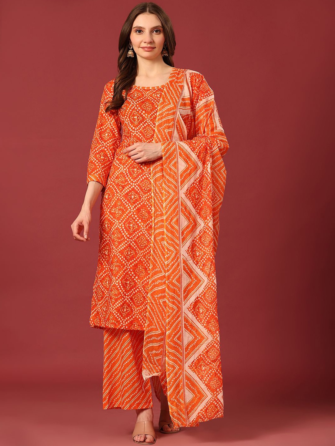 

Poshak Hub Round Neck Bandhani Printed Pure Cotton Kurta with Palazzo & Dupatta, Orange