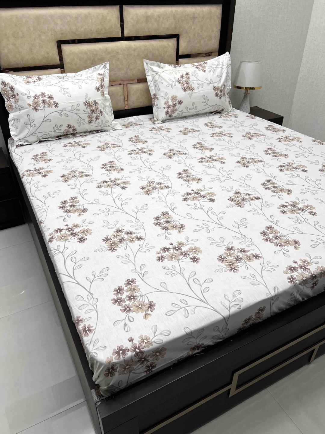 

Pure Decor White & Brown Floral Pure Cotton King 380 TC Bedsheet with 2 Pillow Covers