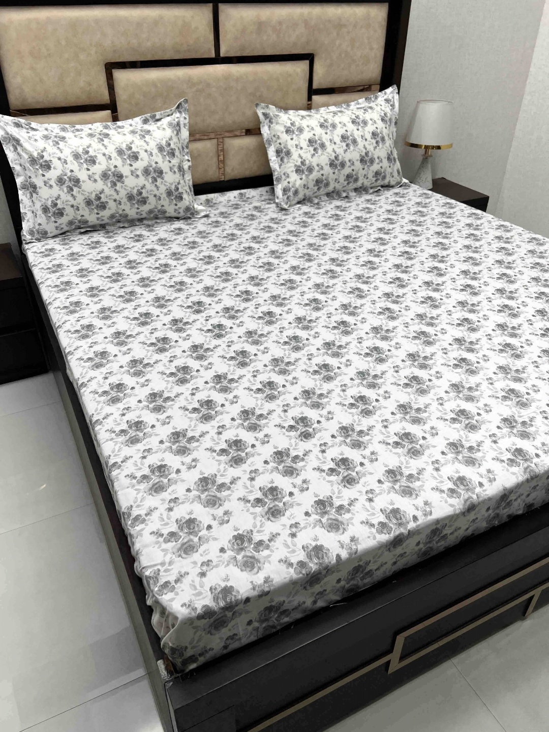 

Pure Decor White & Grey Floral Cotton 380 King Bedsheet with 2 Pillow Covers