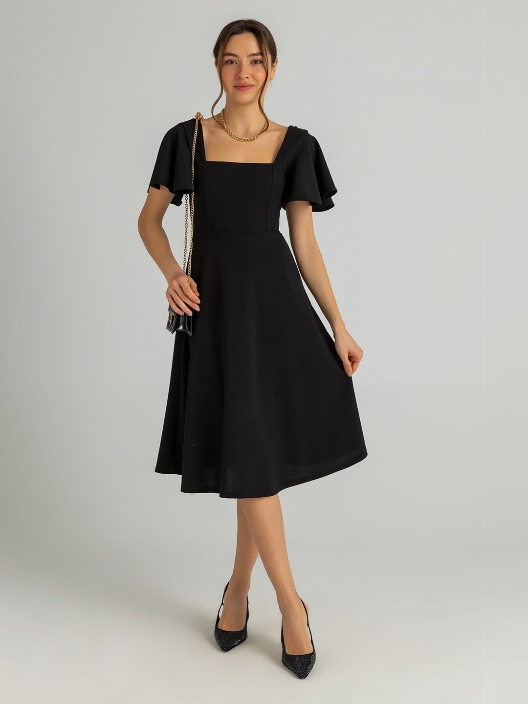

Urban Komfort Flared Sleeve Fit & Flare Dress, Black