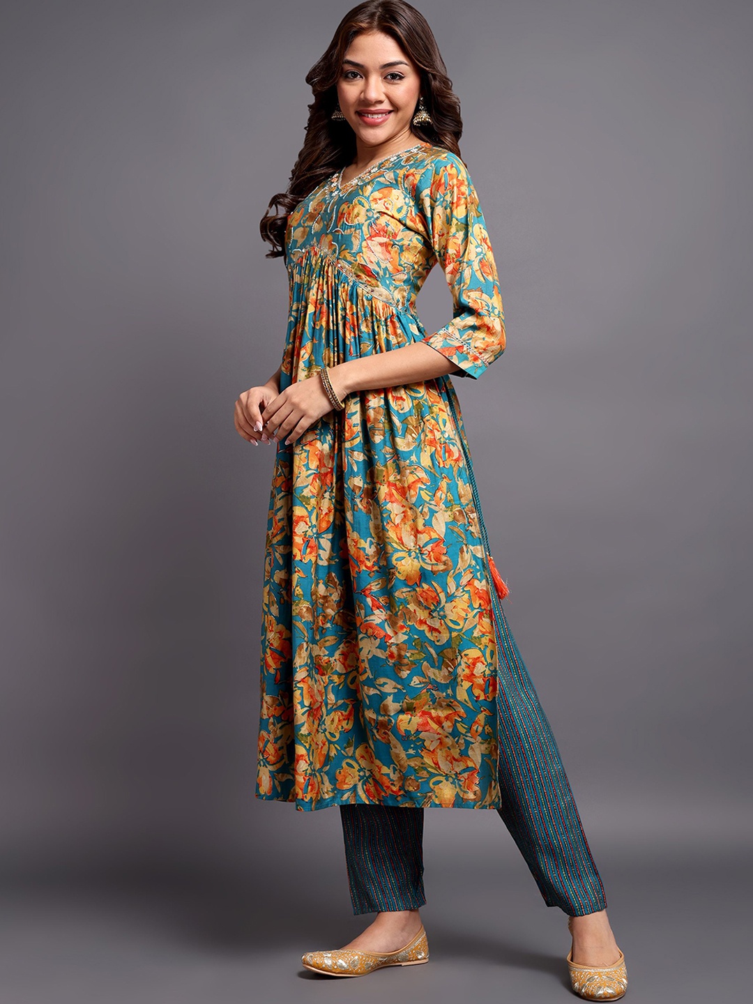 

AnjuShree Choice Floral Printed Pleated Beads & Stones A-Line Kurta With Trousers &Dupatta, Blue