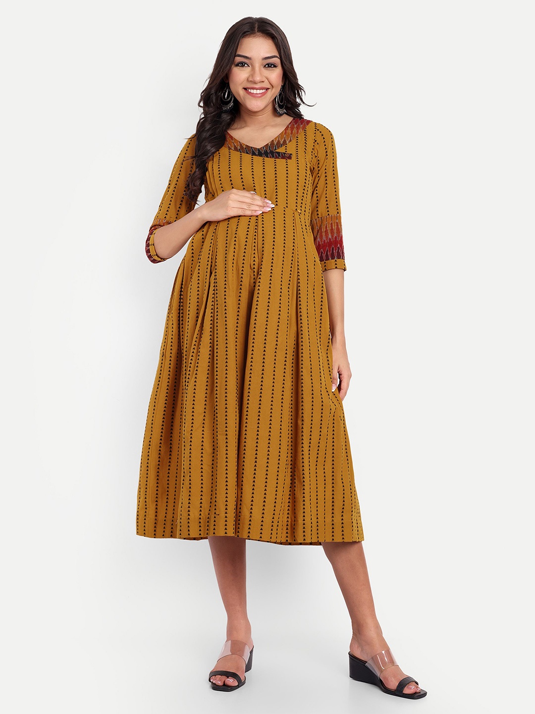 

THOTTIL Striped Maternity Fit & Flare Midi Dress, Mustard