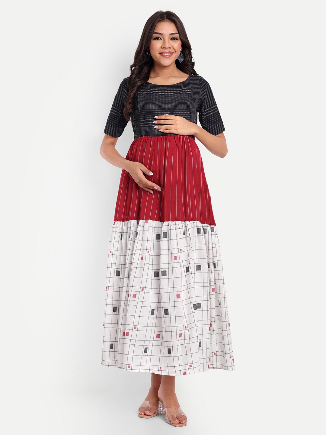 

THOTTIL Print Maternity Empire Maxi Dress, Black