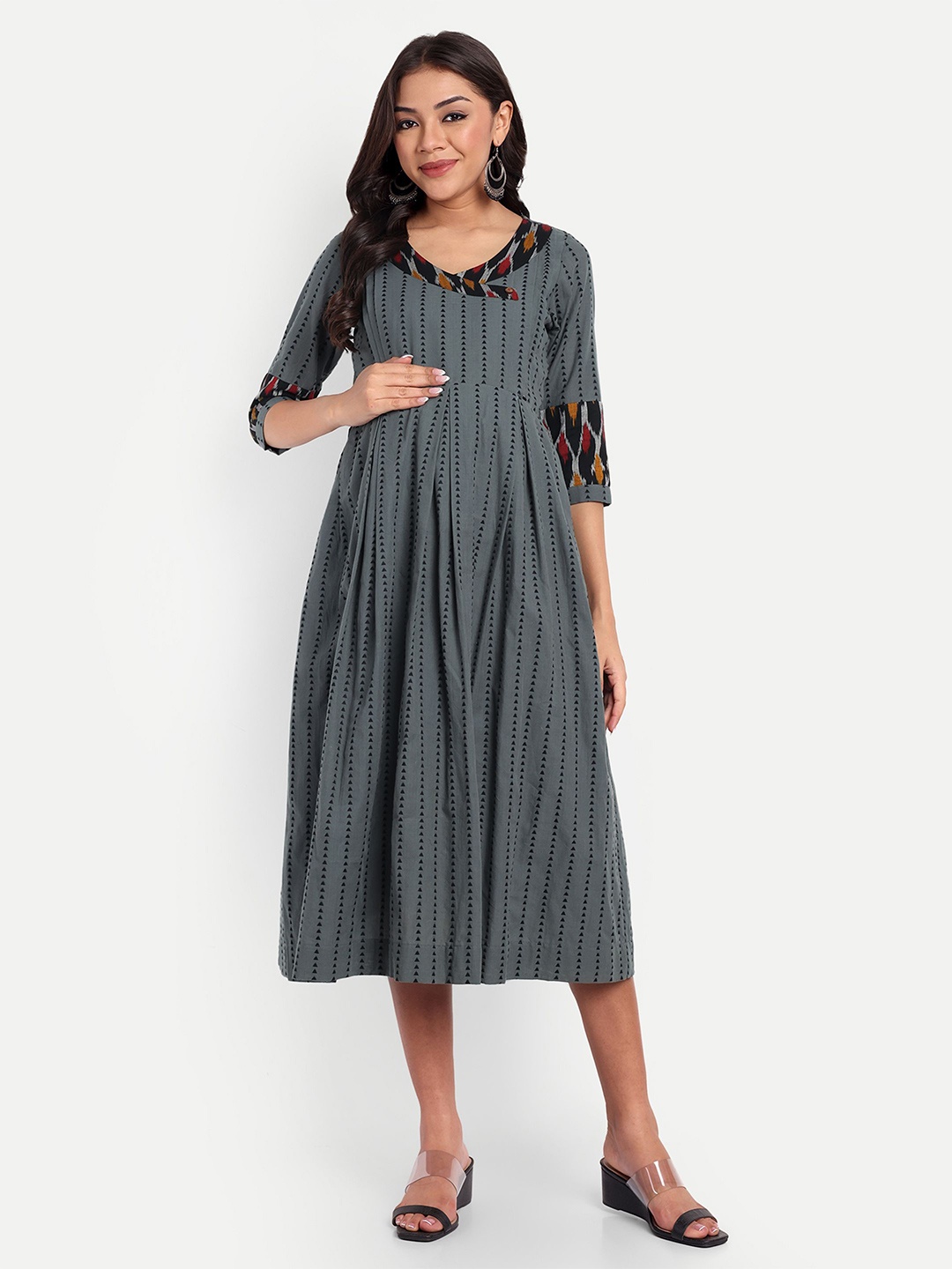 

THOTTIL Striped Maternity Fit & Flare Midi Dress, Grey