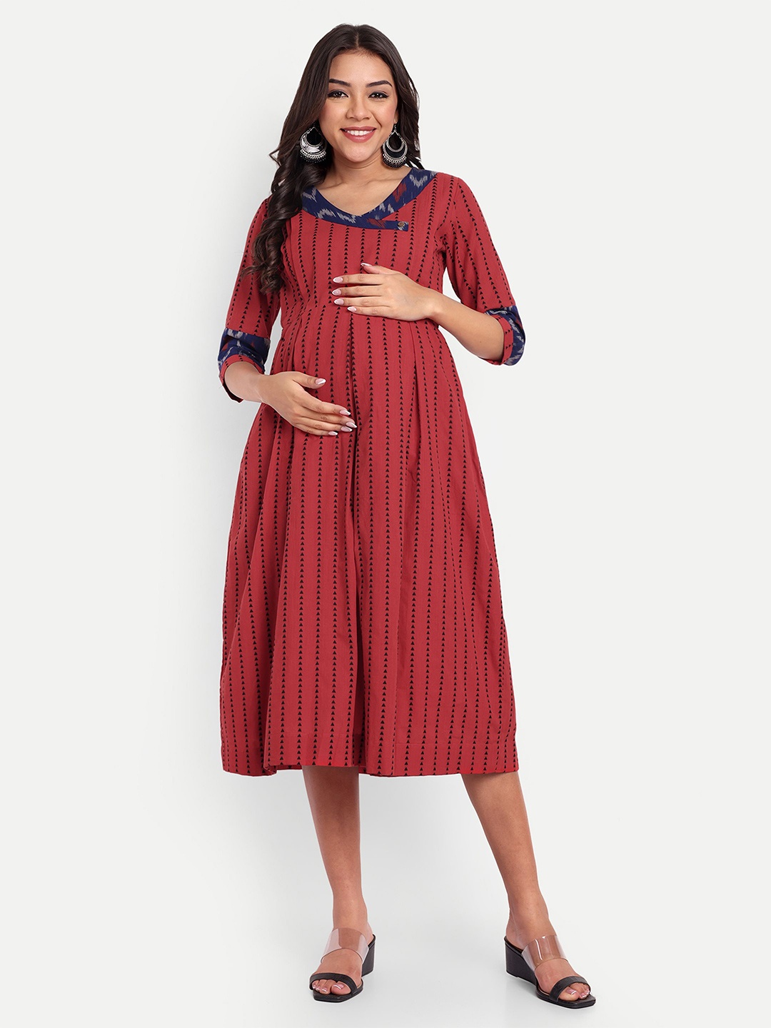 

THOTTIL Striped Maternity Fit & Flare Midi Dress, Red