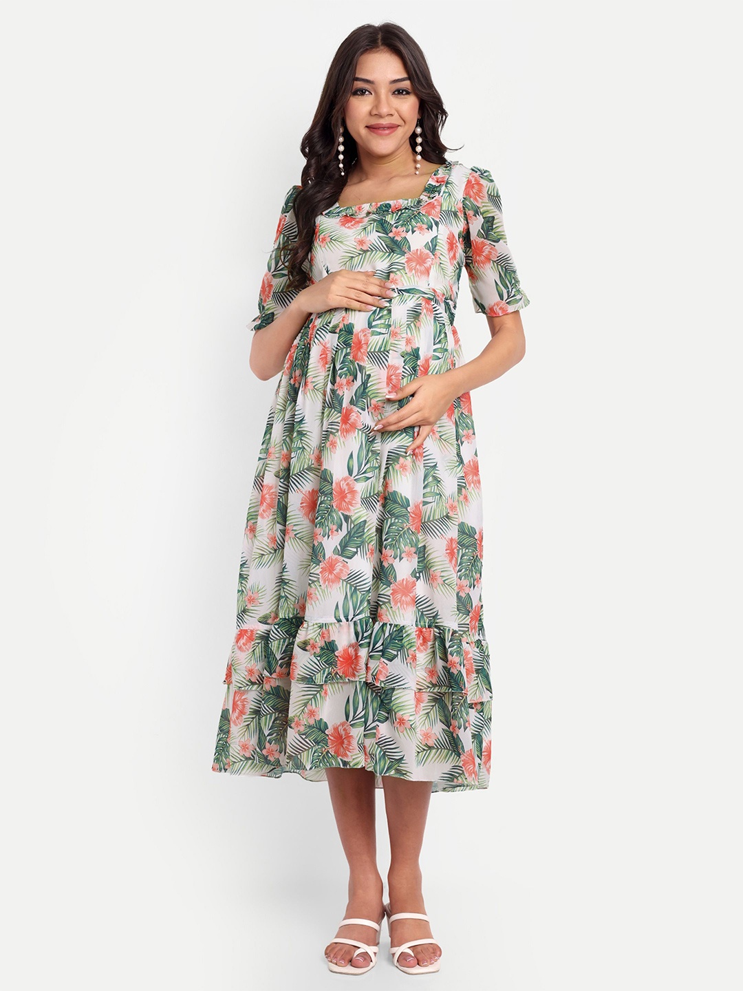

THOTTIL Floral Print Maternity Fit & Flare Midi Dress, White