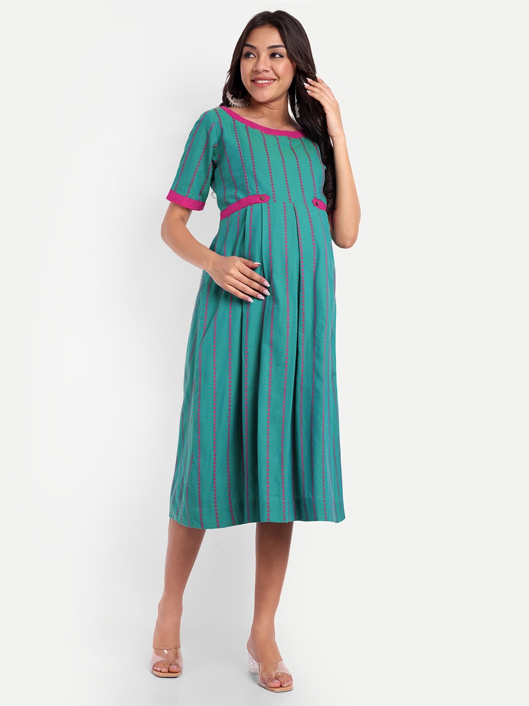 

THOTTIL Striped Maternity Empire Midi Dress, Green