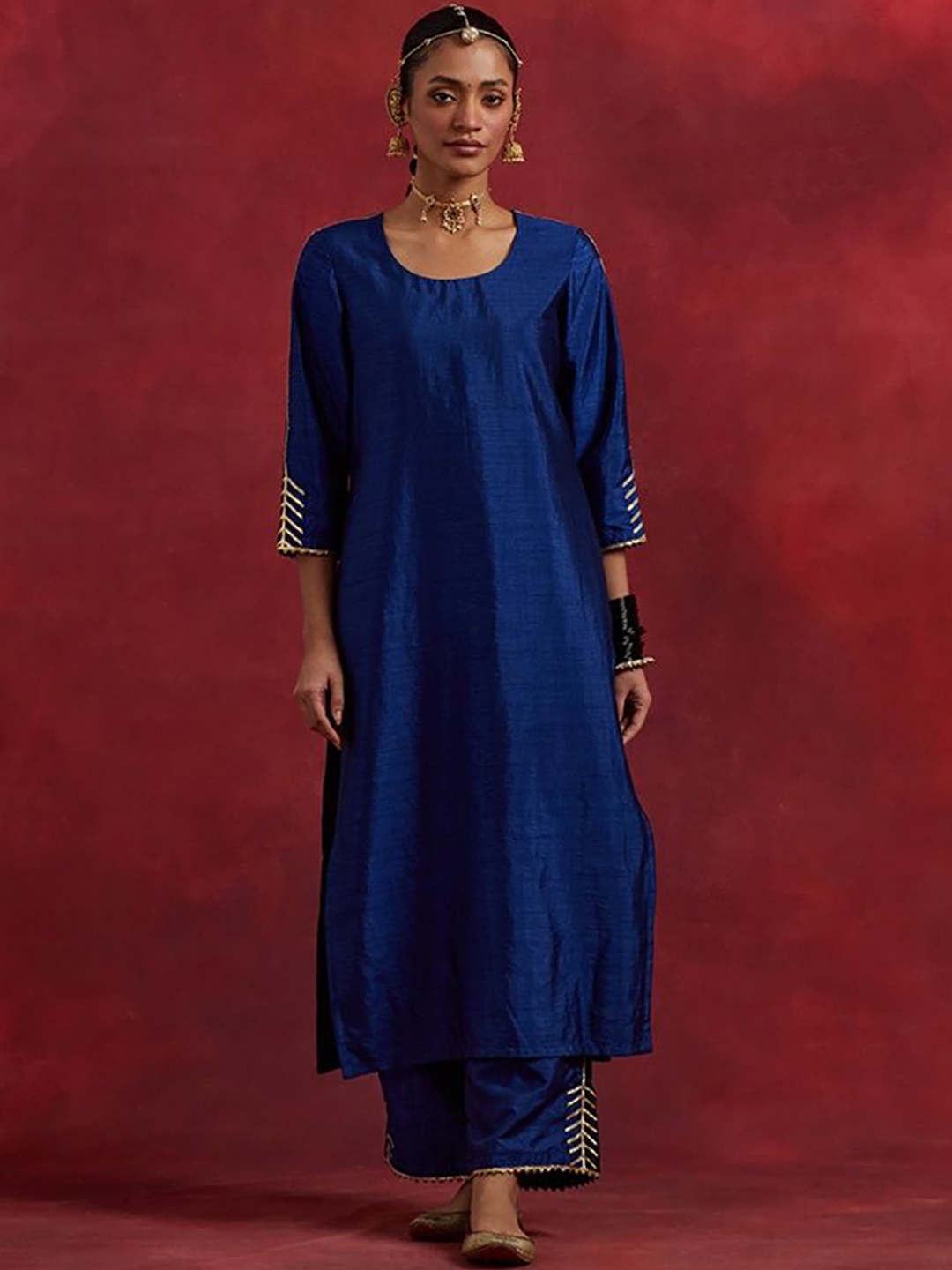 

THE INDIAN CAUSE Women Colourblocked Pure Silk Zari Kurta, Blue