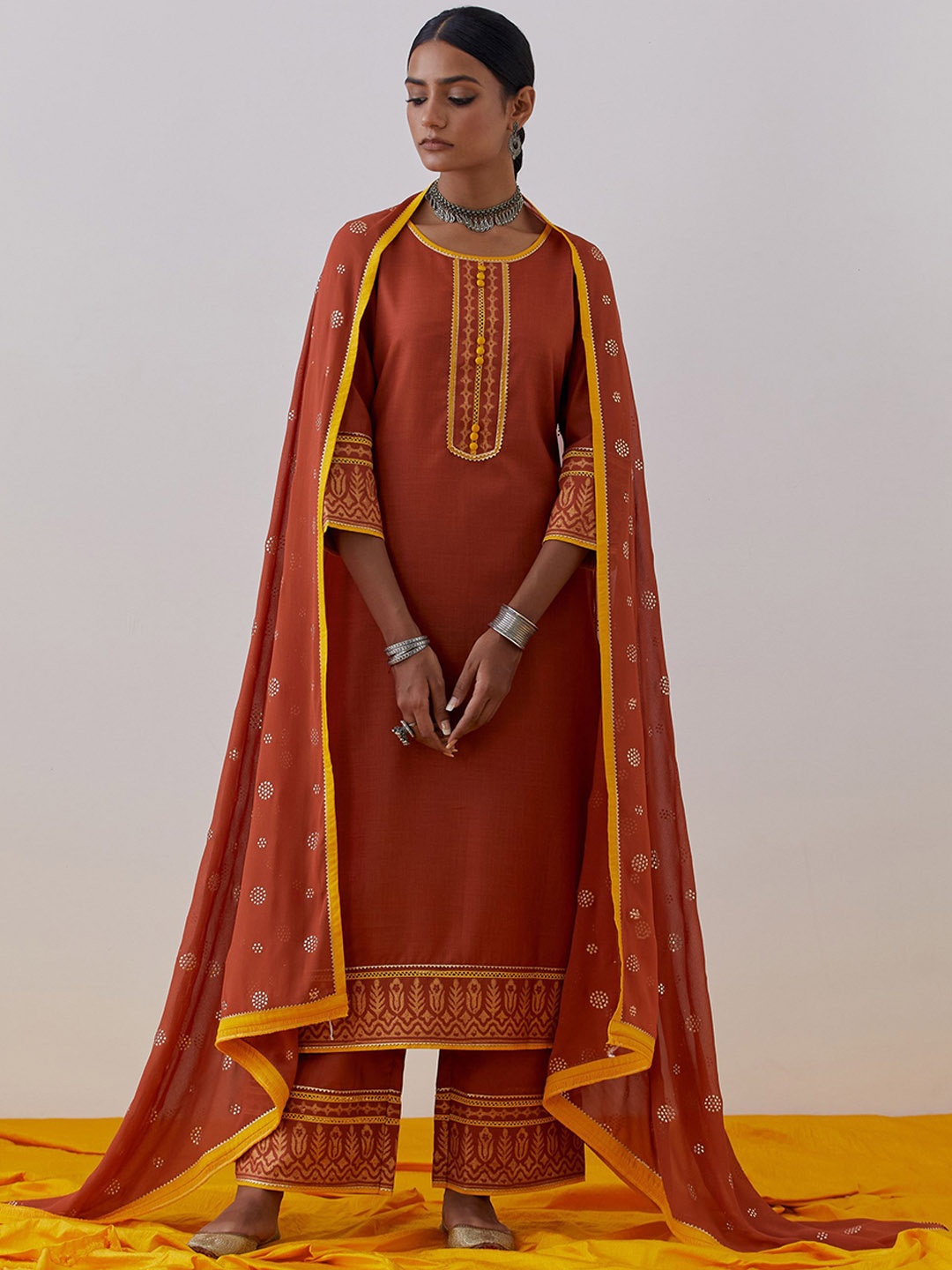 

THE INDIAN CAUSE Women Ethnic Motifs Anarkali Rust Cotton Rozana Kurta