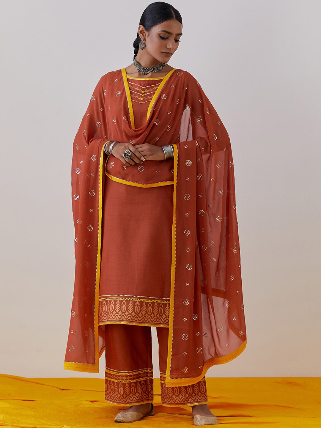 

THE INDIAN CAUSE Women Ethnic Motifs Embroidered Kurta, Rust