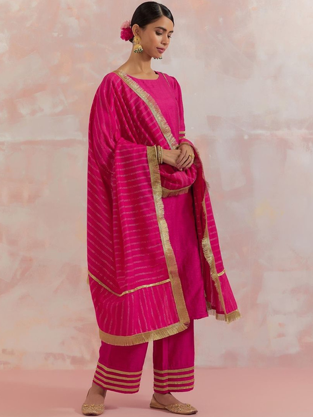 

THE INDIAN CAUSE Women Pink Rukbat Checked Flared Sleeves Gotta Patti Anarkali Kurta