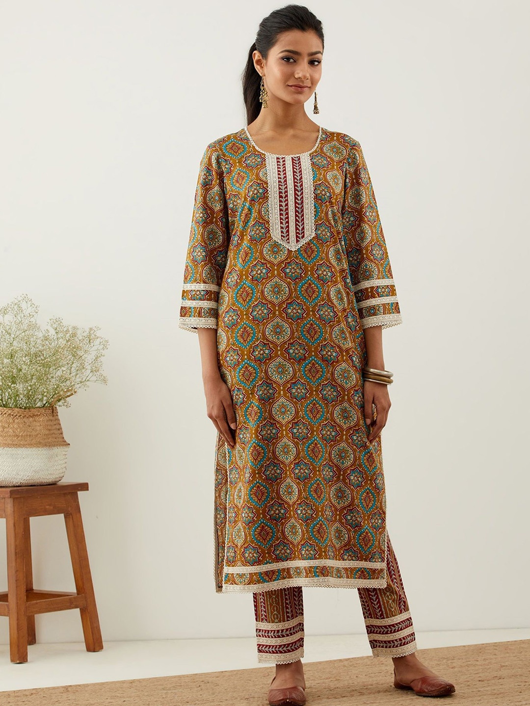 

THE INDIAN CAUSE Women Mustard Cotton Printed Embroidered Flared Sleeves Anarkali Kurta