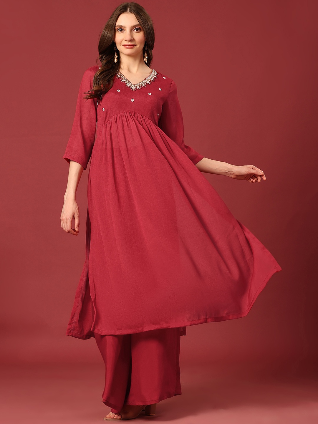 

Poshak Hub V Neck Mirror Embroidered A Line Kurta with Sharara, Maroon