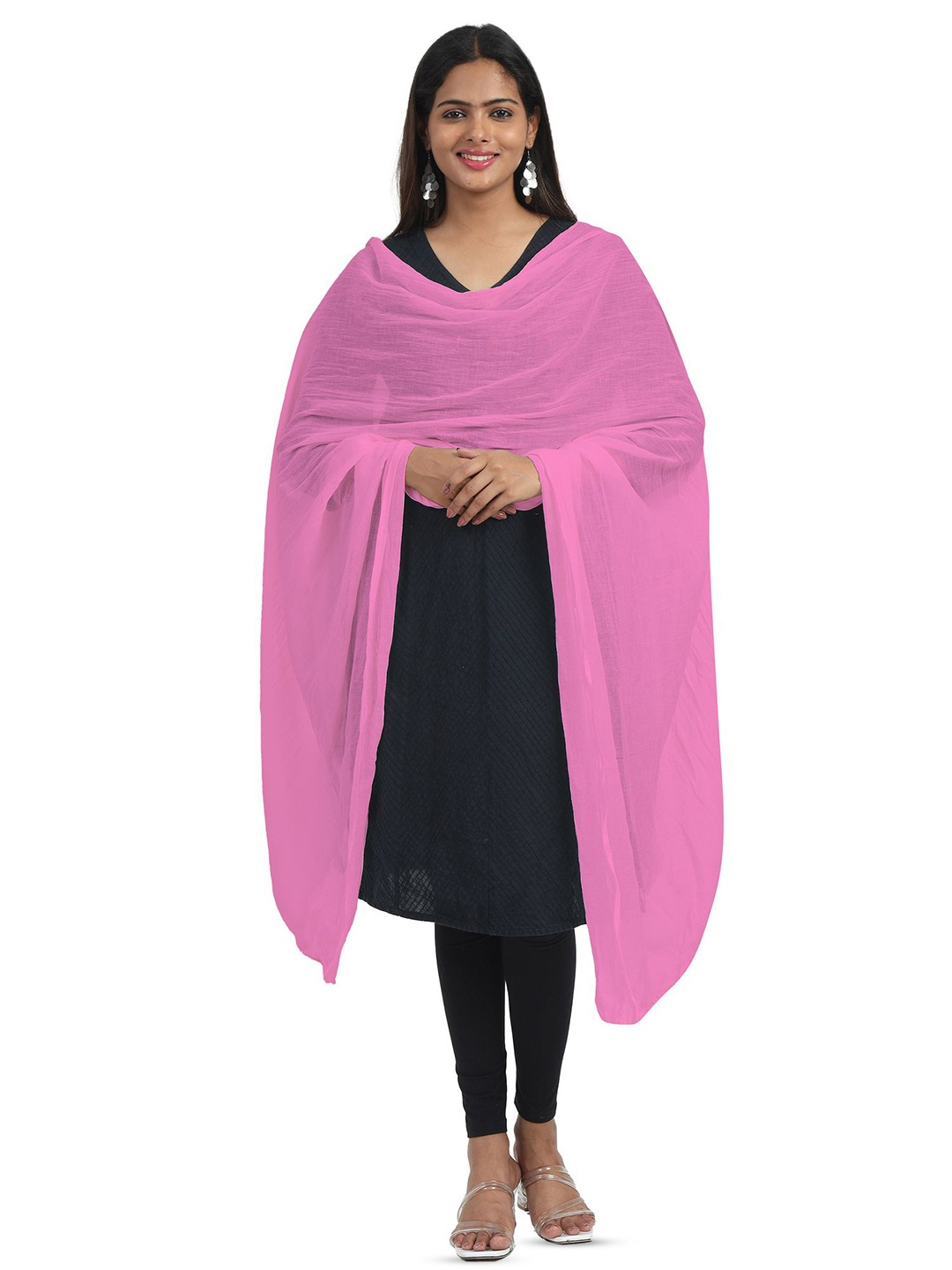 

MIRAAN Cotton Dupatta with PomPom Border, Pink