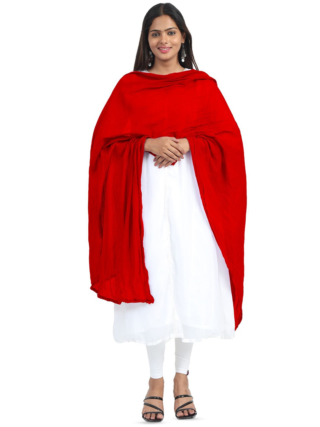 

MIRAAN Cotton Dupatta with PomPom Border, Red