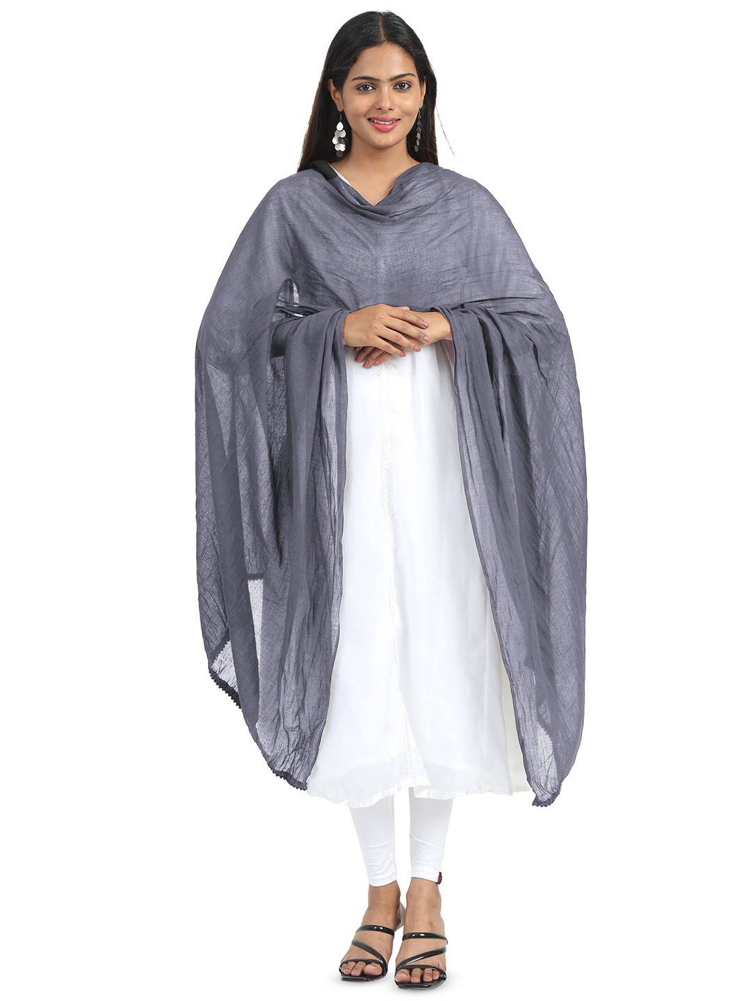 

MIRAAN Cotton Dupatta with PomPom Border, Grey