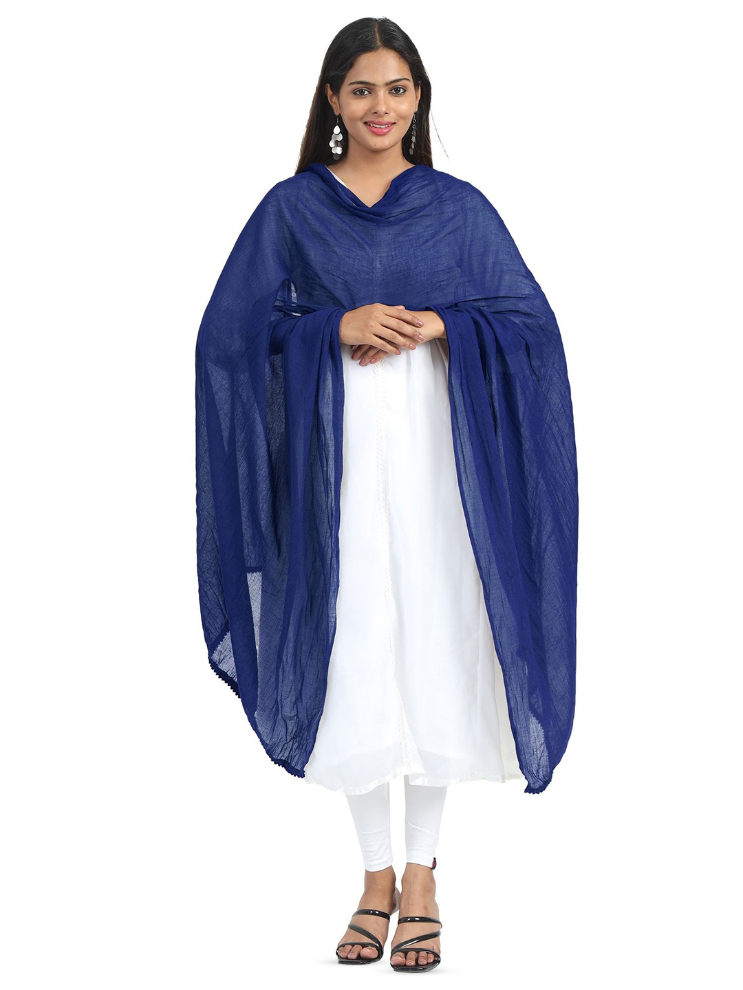 

MIRAAN Cotton Dupatta with PomPom Border, Blue