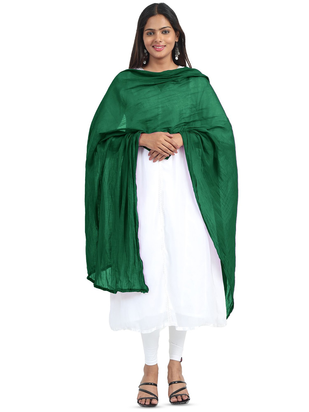 

MIRAAN Cotton Dupatta with PomPom Border, Green