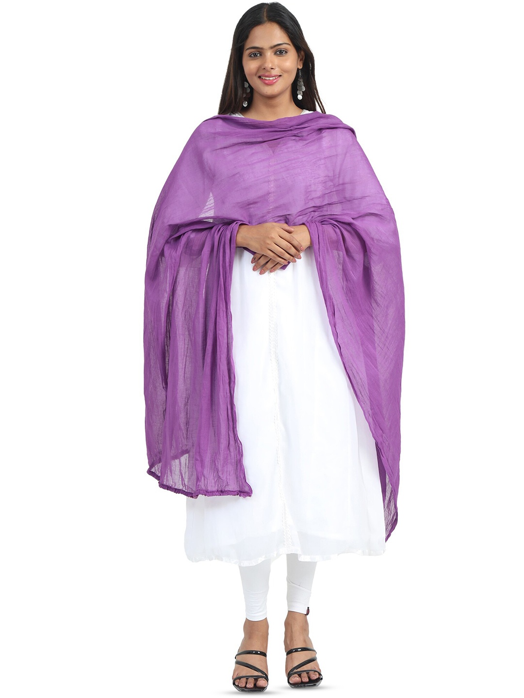 

MIRAAN Cotton Dupatta with PomPom Border, Violet