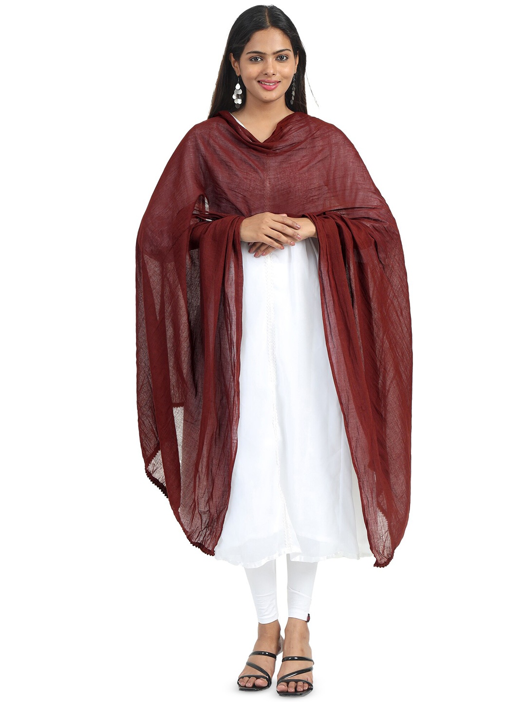 

MIRAAN Women Cotton PomPom Border Dupatta, Maroon