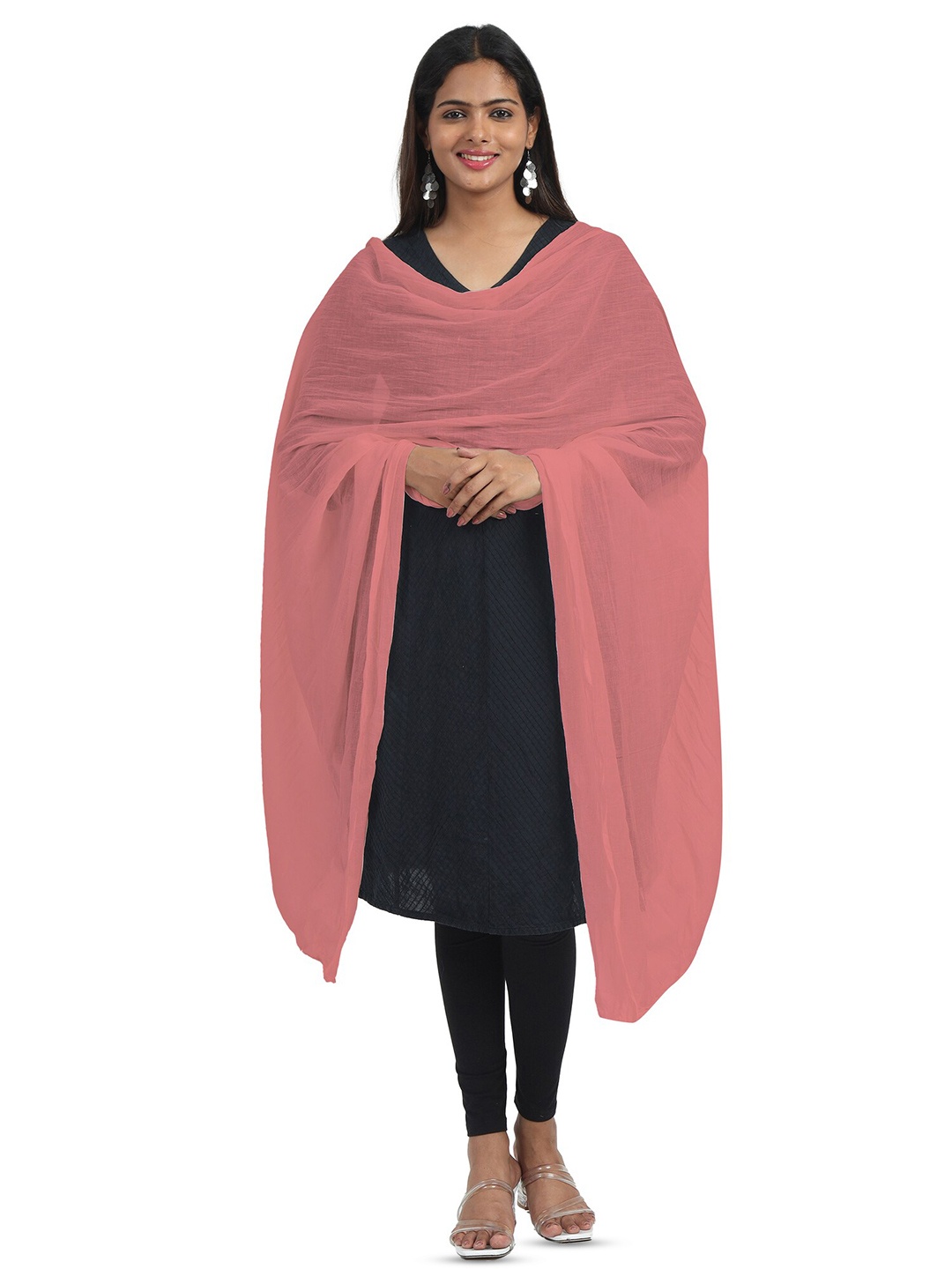 

MIRAAN Cotton Dupatta with PomPom Border, Peach