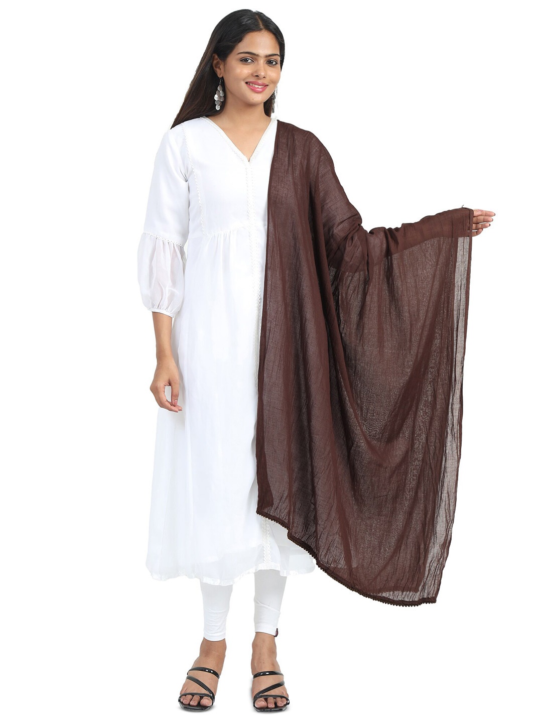 

MIRAAN Cotton Dupatta with PomPom Border, Brown