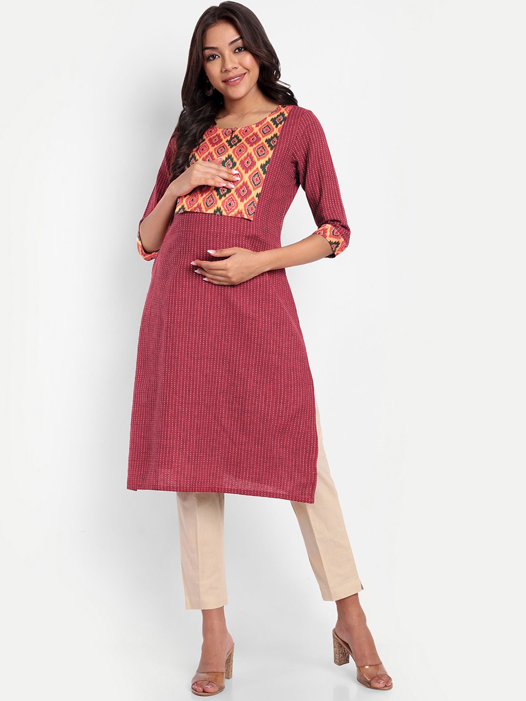 

THOTTIL Women Ethnic Motifs Embroidered Thread Work Maternity Kurta, Red