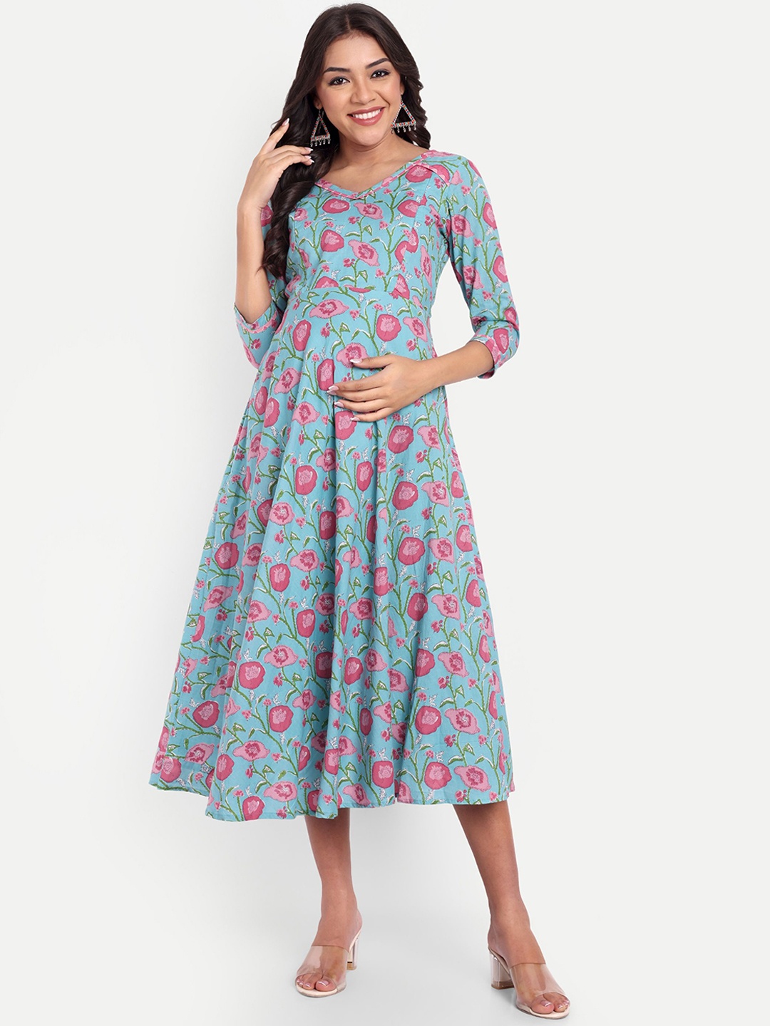 

THOTTIL Women Floral Printed Maternity Anarkali Kurta, Blue