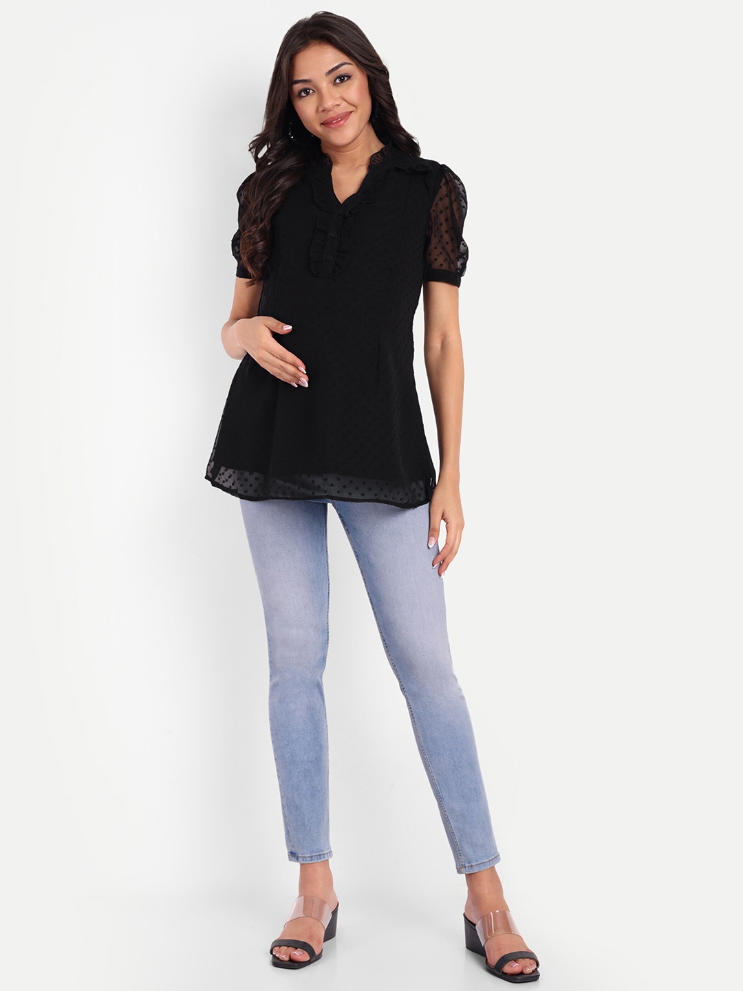 

THOTTIL Mandarin Collar Ruffles Materniy A-Line Top, Black