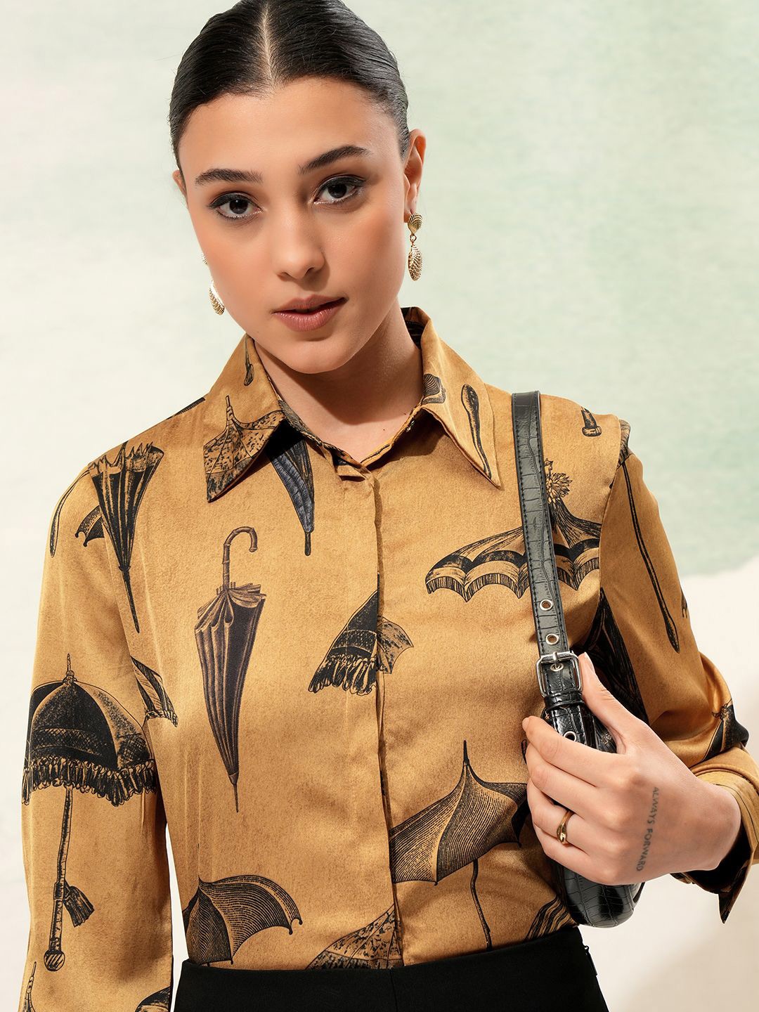 

Tokyo Talkies Women Printed Satin Casual Shirt, Gold