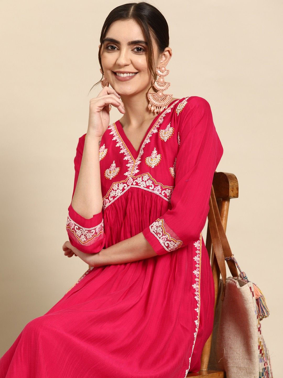 

Sangria Floral Embroidered A-Line Thread Work Kurta With Trouser, Magenta